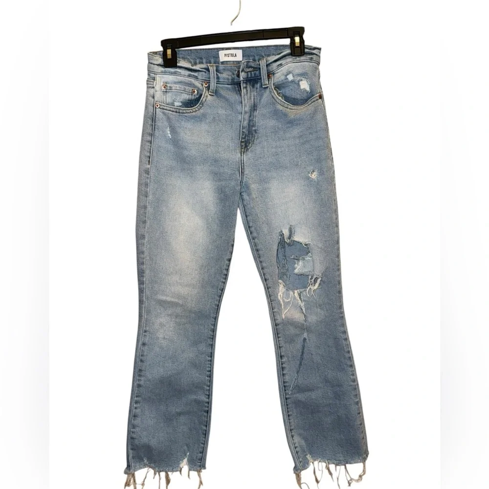 PISTOLA High Rise Medium Blue Distressed Ripped Straight Leg Women’s Jeans 28 - Picture 2 of 11